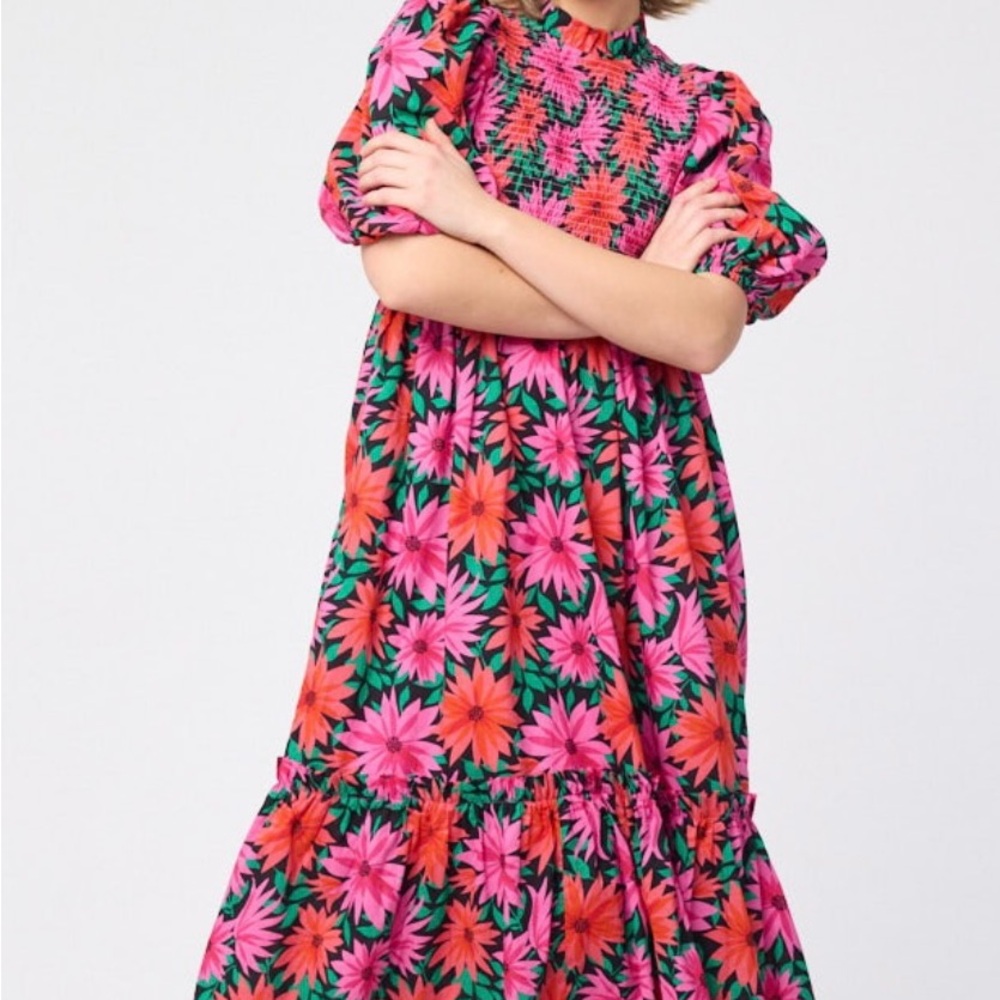 Joanie Clothing Priya Dahlia Floral Print Puff Sleeve Midi Dress